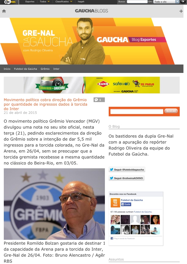 Site da Rádio Gaúcha 21/4/2015